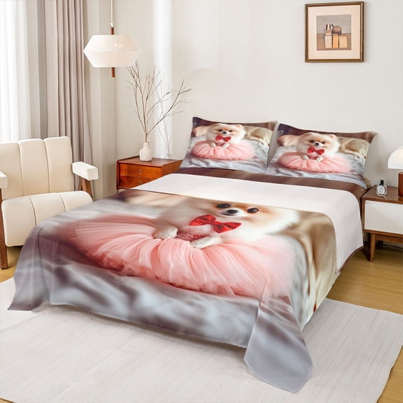 Manfei Pet Dog Lovers Twin Sheet Sets,Cute Cartoon Dog Twin Fitted Sheet,Pink Gray Beige Flat Sheet For Kids,Super Cozy Room Decor,3-Piece