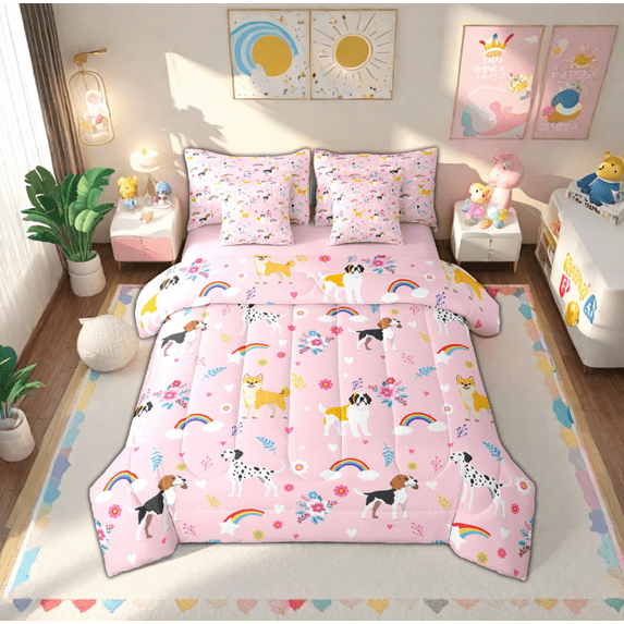 Manfei Pet Dogs 7-Piece Bedding Comforter Set,Pet Lover King Bedding Sets,Cartoon Flower Rainbow Bed Sheets For Girl Kids,Super Cozy Room Decor Reversible