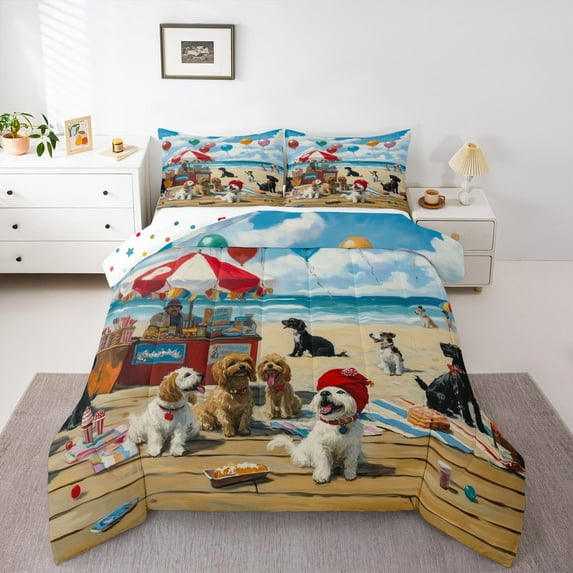 Manfei Pet Dogs Lover Full Size Comforter Sets,Hawaii Sea Beach Bedding Comforter Set,Lovely Puppy Bedding Sets For Girls Boys,Breathable Bedroom Decor Reversible,3-Piece