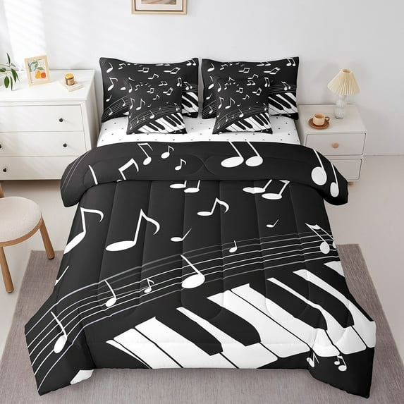 Manfei Piano Twin Bedding Sets 7-Piece,Music Instrument Bedding Comforter Set 7-Piece,White Black Sheet Sets For Boys Kids,Lightweight Bedroom Decorative Reversible