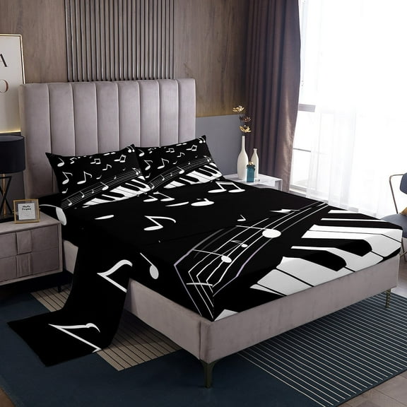 Manfei Piano Twin Sheet Sets,Music Instrument Twin Fitted Sheet,White Black Flat Sheet For Boys Kids,Lightweight Bedroom Decorative,3-Piece