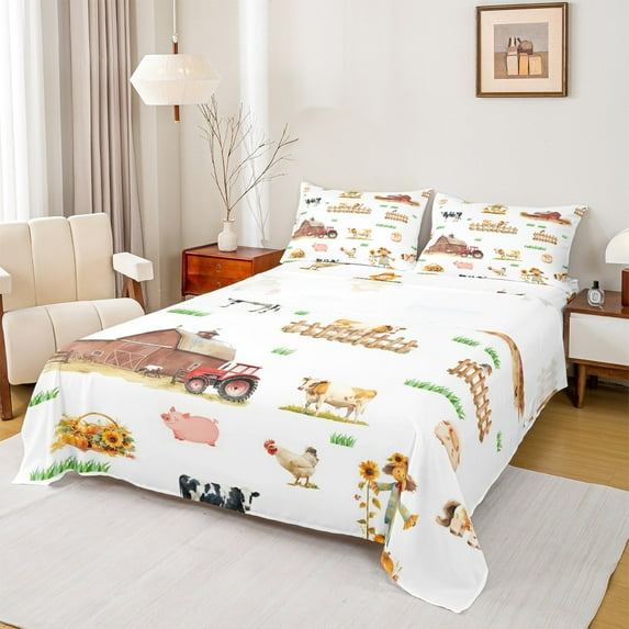 Manfei Pig Cow Rooster 4pcs Bed Sheets,Farmhouse Animal King Sheets,Pumpkin Sunflower Super Cozy Sheet Set,Cartoon Room Decorative