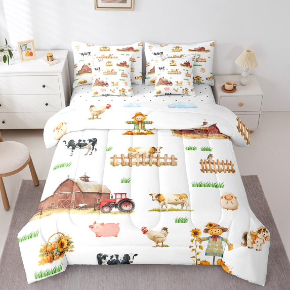 Manfei Pig Cow Rooster 7-Piece Twin Bedding Sets,Farmhouse Animal Bedding Comforter Set,Pumpkin Sunflower Breathable Sheet Sets,Ultra Soft Cartoon Room Decorative,Reversible