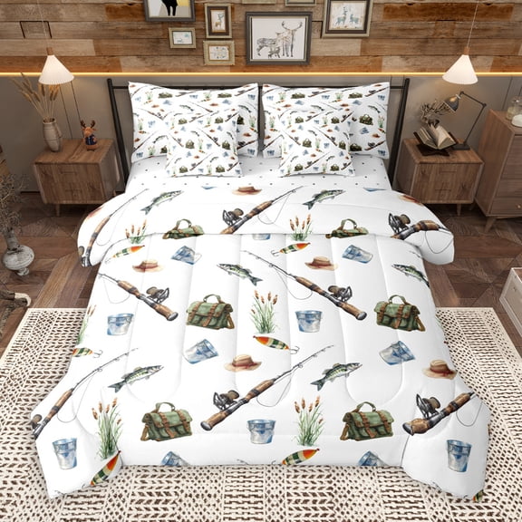 Manfei Pike Fish 7-Piece Bedding Comforter Set,Outdoor Fishing Hook King Bedding Sets,Rustic Farmhouse Cabin Bed Sheets For Boys Teens,Microfiber Bedroom Decor