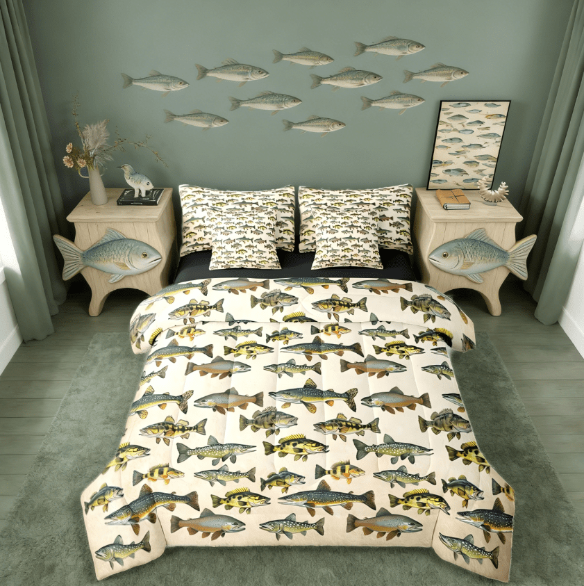 Comforter Fish Pattern Manfei Pike Fish 7-Piece Bedding Comforter Set,Vintage Fishing Fishing ...