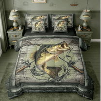 Manfei Pike Fish 7-Piece Twin Bedding Sets,Fishing Hook Bedding Comforter Set,Rustic Farmhouse Cabin Sheet Sets For Teens,Microfiber Bedroom Decor Reversible