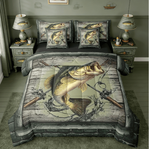 Manfei Pike Fish 7-Piece Twin Bedding Sets,Fishing Hook Bedding Comforter Set,Rustic Farmhouse Cabin Sheet Sets For Teens,Microfiber Bedroom Decor Reversible