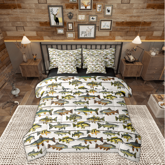 Manfei Pike Fish 7 Pieces Bedding Comforter Set,Old Barn Door Full Bedding Set,Animals Marine Life Fitted Sheet Flat Sheet For Teens,Microfiber Bedroom Decor Reversible