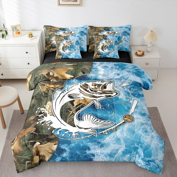 Manfei Pike Fish 7pcs Bedding Comforter Set,Fishing And Hunting Queen Bedding Sets,Modern Maritime Sealife Queen Sheet Sets For Boys,Microfiber Bedroom Decor Reversible