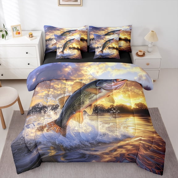 Manfei Pike Fish 7pcs Bedding Comforter Set,Ocean Animal Sealife Queen Bedding Sets,Marine Life Queen Sheet Sets For Kids,Microfiber Bedroom Decor Reversible