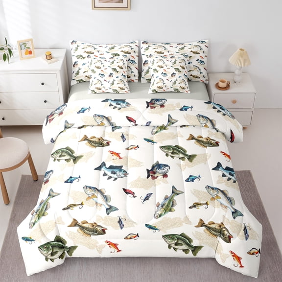 Manfei Pike Fish 7pcs Bedding Comforter Set,Rustic Farmhouse Cabin Queen Bedding Sets,Rustic Pike Fish Queen Sheet Sets For Kids,Microfiber Bedroom Decor Reversible