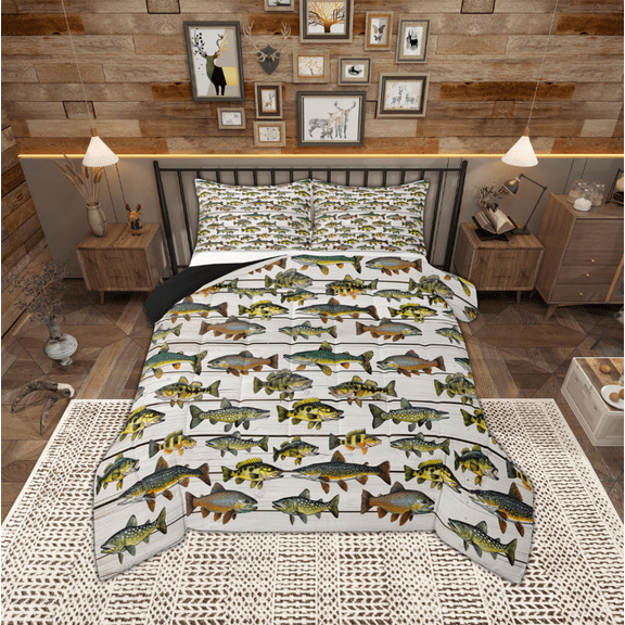 Manfei Pike Fish Bedding Comforter Set,Old Barn Door Twin Comforter Sets,Animals Marine Life Bedding Set For Teens,Microfiber Bedroom Decor Reversible,2-Piece