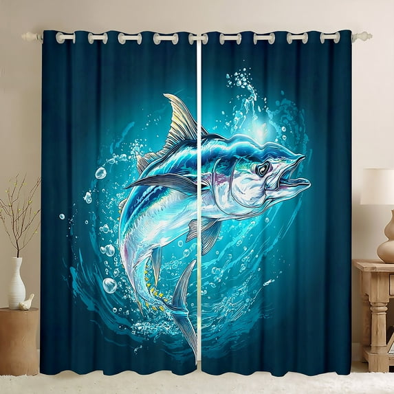 Manfei Pike Fish Blackout Curtains Set of 2 (52x84 Each),Underwater World Window Curtains,Blue White Curtains and Drapes,Animal Room Decoration