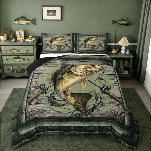 Manfei Pike Fish Full Size Comforter Sets,Fishing Hook Bedding Comforter Set,Rustic Farmhouse Cabin Bedding Sets For Teens,Microfiber Bedroom Decor Reversible,3 Pieces
