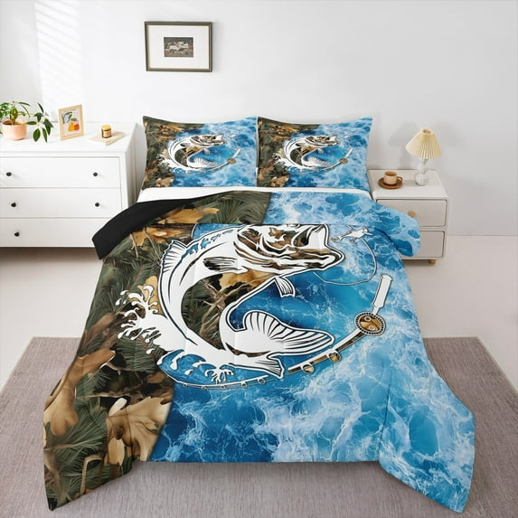 Manfei Pike Fish Full Size Comforter Sets,Fishing And Hunting Bedding Comforter Set,Modern Maritime Sealife Bedding Sets For Boys,Microfiber Bedroom Decor Reversible,3-Piece