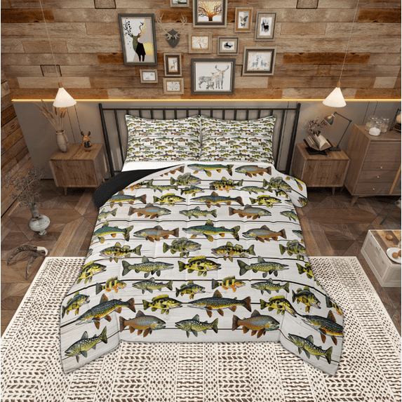 Manfei Pike Fish Full Size Comforter Sets,Old Barn Door Bedding Comforter Set,Animals Marine Life Bedding Sets For Teens,Microfiber Bedroom Decor Reversible,3 Pieces