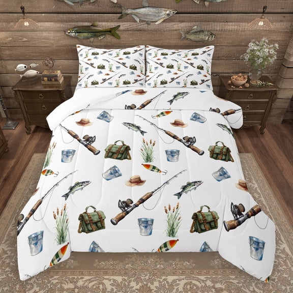 Manfei Pike Fish Full Size Comforter Sets,Outdoor Fishing Hook Bedding Comforter Set,Rustic Farmhouse Cabin Bedding Sets For Boys Teens,Microfiber Bedroom Decor,3 Pieces