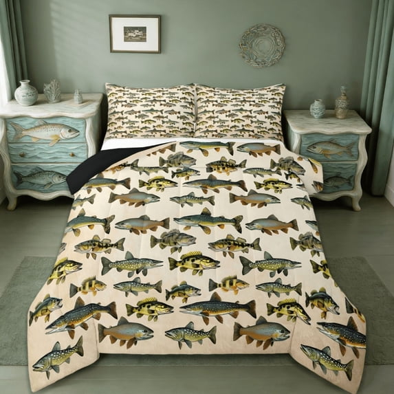 Manfei Pike Fish Full Size Comforter Sets,Vintage Fishing Fishing And Hunting Bedding Sets Retro Base Fish Reversible 3-Piece