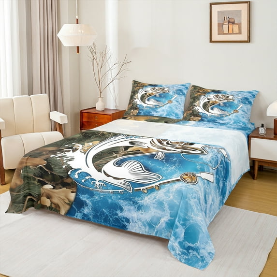 Manfei Pike Fish Full Size Sheets,Fishing And Hunting Bed Sheets,Modern Maritime Sealife Sheet Sets For Boys,Microfiber Bedroom Decor,4-Piece