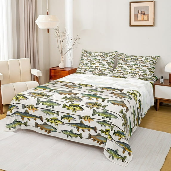 Manfei Pike Fish Full Size Sheets,Old Barn Door Bed Sheets,Animals Marine Life Sheet Sets For Teens,Microfiber Bedroom Decor,4 Pieces