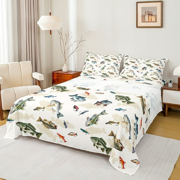 Manfei Pike Fish Full Size Sheets,Rustic Farmhouse Cabin Bed Sheets,Rustic Pike Fish Sheet Sets For Kids,Microfiber Bedroom Decor,4pcs