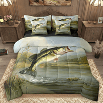 Manfei Pike Fish Twin Bedding Sets 7pcs, Hunting and Fishing Bedding Comforter Set, Rustic Lake House Sheet Sets, Lightweight Room Decor