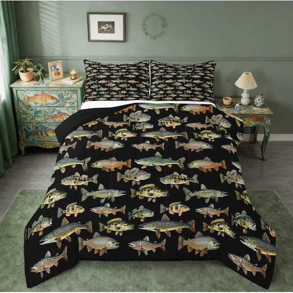 Manfei Pike Fish Twin Comforter Sets,Vintage Fishing Bedding Set For Boys Girls,Fishing And Hunting Animals Marine Life Reversible 2pcs