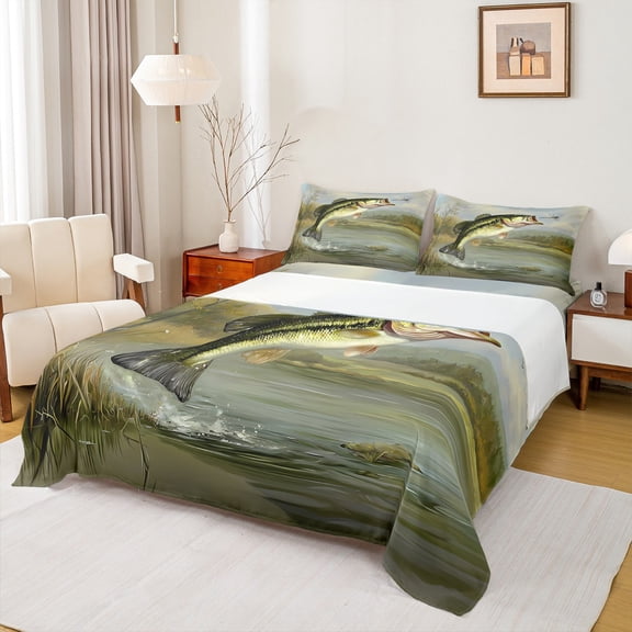 Manfei Pike Fish Twin Sheet Sets 3pcs, Hunting and Fishing Twin Fitted Sheet, Rustic Lake House Flat Sheet, Lightweight Room Decor