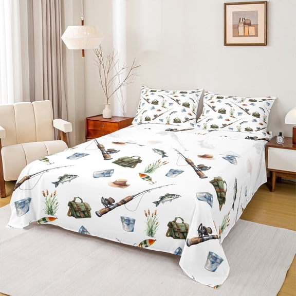 Manfei Pike Fish Twin Sheet Sets,Outdoor Fishing Hook Twin Fitted Sheet,Rustic Farmhouse Cabin Flat Sheet For Boys Teens,Microfiber Bedroom Decor,3-Piece