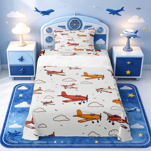 Manfei Pilot Pattern Twin Sheets,Pretty Cloud Bedding,1 Flat Sheet,1 Fitted Sheet and 1 Pillowcase