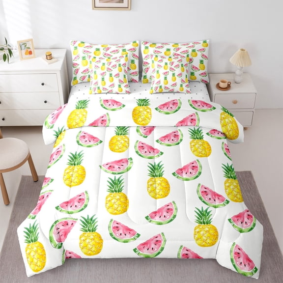 Manfei Pineapple Fruit Bedding Comforter Set 7-Piece, Kawaii Cartoon Watermelon King Bedding Sets, Teen Boy Girl Kid Reversible Bed Sheets, Breathable Home Decor