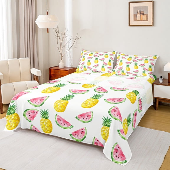 Manfei Pineapple Fruit Full Size Sheets, Kawaii Cartoon Watermelon Bed Sheets, Teen Boy Girl Kid Sheet Sets, Breathable Home Decor, 4pcs