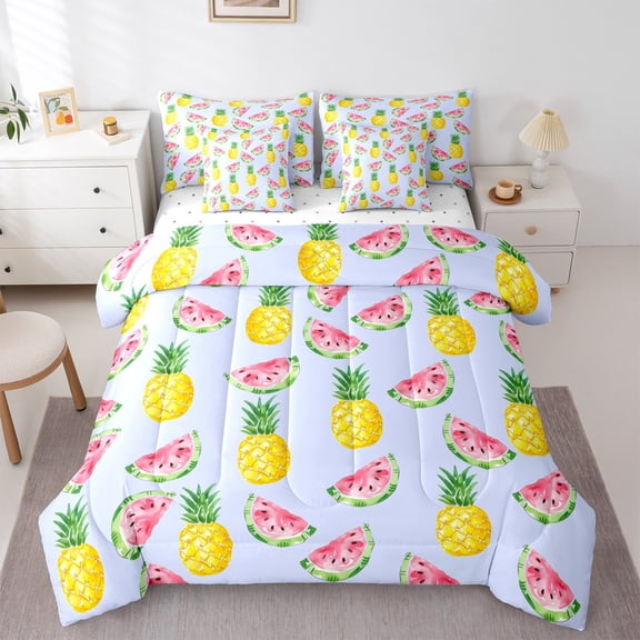 Manfei Pineapple Fruit Twin Bedding Sets 7-Piece, Kawaii Cartoon Watermelon Bedding Comforter Set, Teen Boy Girl Kid Reversible Sheet Sets, Ultra Soft Home Decor
