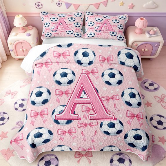 Manfei Pink 3D ABC Print A Quilt Full,Cute Coquette Bow Full Bedspread Sets,3 Pieces,1 Coverlet and 2 Pillowcases