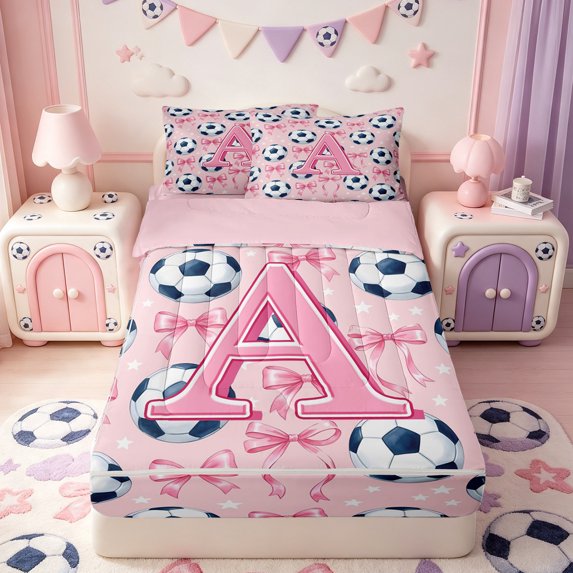 Manfei Pink 3D ABC Print A Zipper Twin Comforter Sets with Fitted Sheet and 2 Pillowcases,Cute Coquette Bow Zipper Bedding Set,Pink Reversible,4-Piece