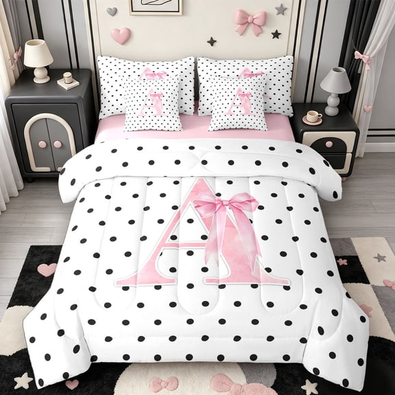 Manfei Pink ABC Print A 7-Piece Twin Bedding,Cute Polkadot Bedding Comforter Set,Pink Reversible