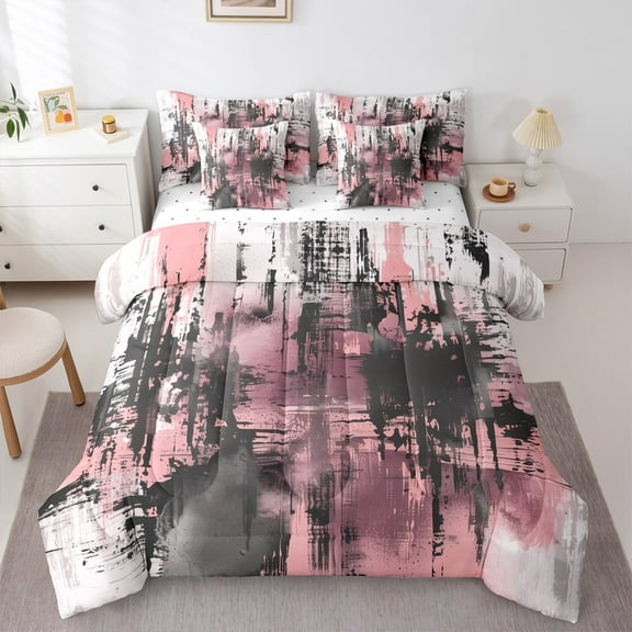 Manfei Pink Abstract Geometric Twin Bedding Sets 7-Piece, Chic Modern Fashion Bedding Comforter Set, Teen Kid Child Adult Reversible Sheet Sets, Breathable Home Decor