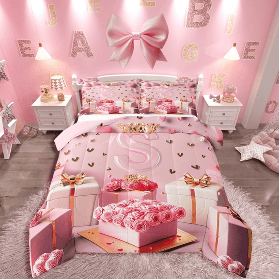 Manfei Pink Alphabet 3 Pieces Queen Comforter Set,Rose Bow Ultra Soft Bedding Sets,Love Heart Bedding Comforter Set,Lightweight Flower Room Decor,Reversible