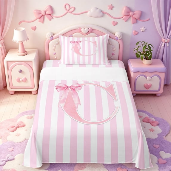 Manfei Pink Alphabet Print C Twin Sheets,Minimalist Geometric Striped Bedding,3pcs,1 Flat Sheet,1 Fitted Sheet and 1 Pillowcase