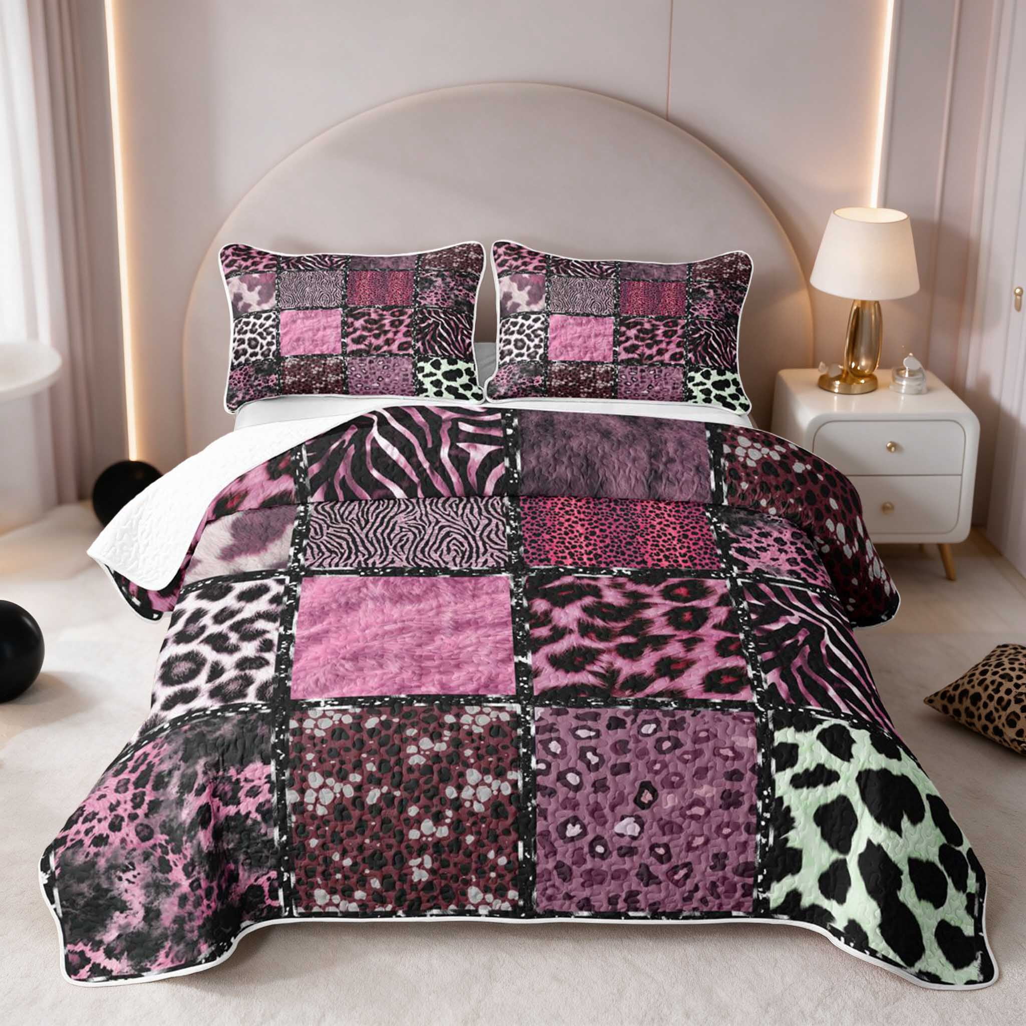 Manfei Pink Animal Patchwork Twin Quilt Set, Zebra Leopard Blocks Twin ...