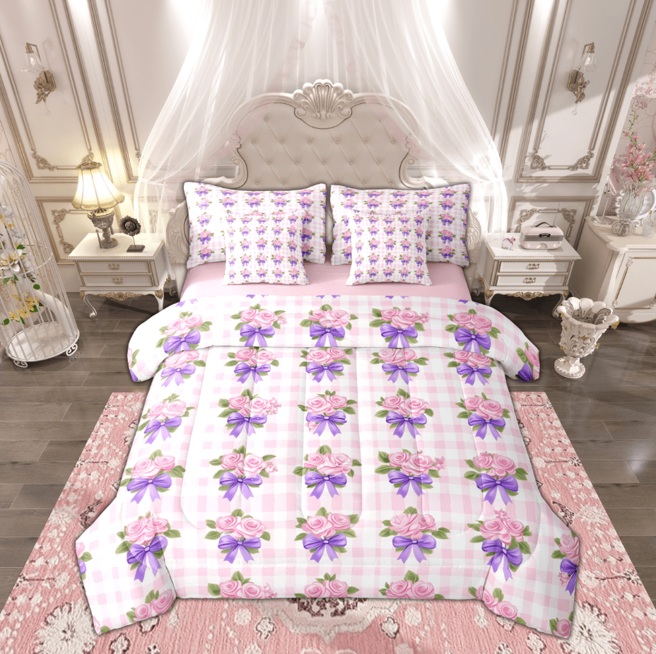 Manfei Pink Anniversary Rose Twin Bedding Sets 7-Piece for Kids, Chic ...