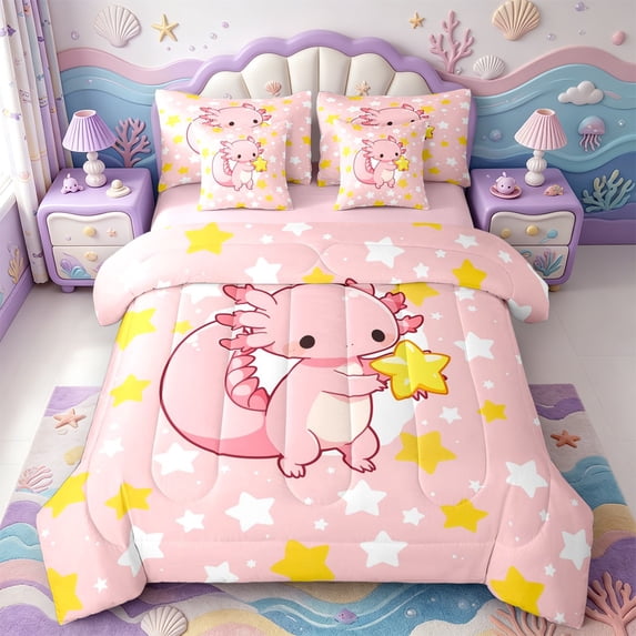 Manfei Pink Axolotl 7-Piece King Bedding,Aquatic Amphibian Print King Bed in a Bag,Pink Reversible