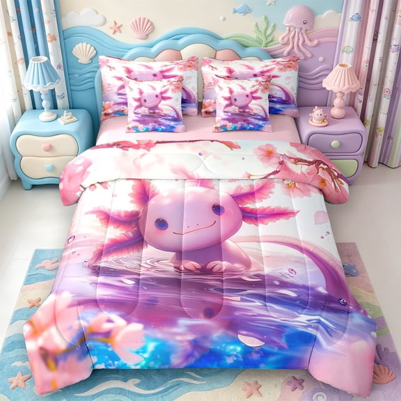 Manfei Pink Axolotl 7 Pieces Full Size Bedding Sets,Watercolor Salamander Print Full Size Bed in a Bag,Pink Reversible