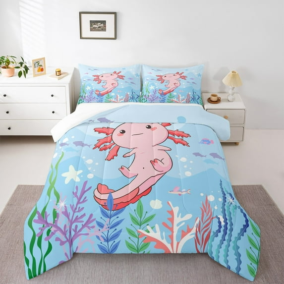 Manfei Pink Axolotl Bedding King Comforter Set,Magic Animal Down Comforter,Watercolor Coral Fish Bedding Sets King with Comforter,Super Cozy Bedroom Decor,3 Pieces
