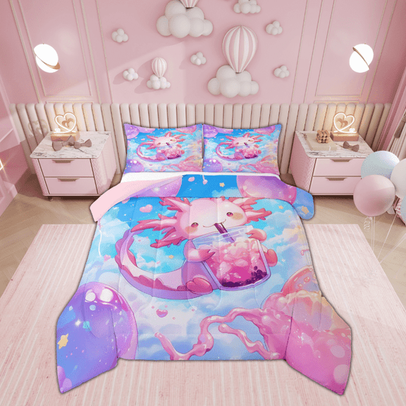 Manfei Pink Axolotl Bedding Sets Twin with Comforter, Boba Milk Tea Duvet Insert, Dreamy Sky Cloud Reversible Comforter Sets Twin Size, Breathable Bedroom Decor, 2 Pieces