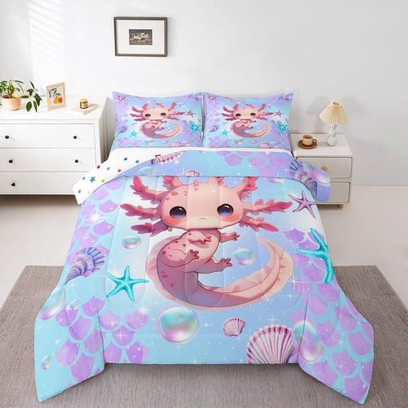 Manfei Pink Axolotl Bedding Twin Comforter Set, Purple Fish Scale Down Comforter, Seashell Starfish Reversible Duvet Insert, Breathable Bedroom Decor, 2pcs