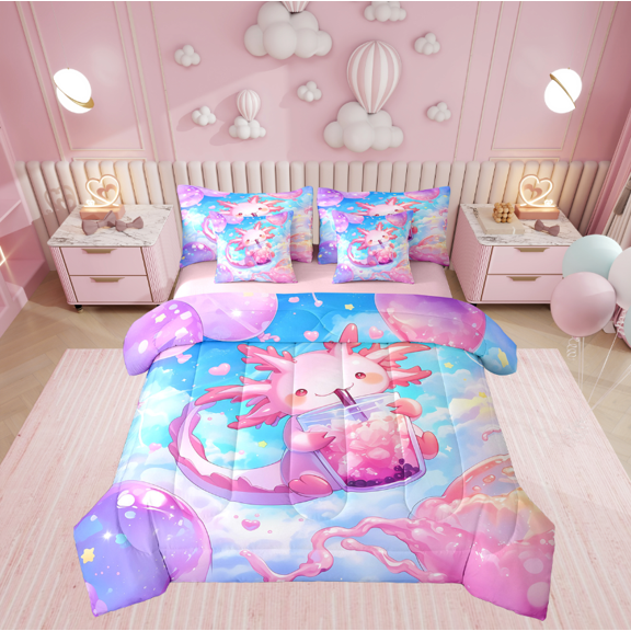 Manfei Pink Axolotl Bedding Twin Size, Boba Milk Tea Bed Set, Dreamy Sky Cloud Reversible Bedding Sets Twin Size, Breathable Bedroom Decor, 7 Pieces