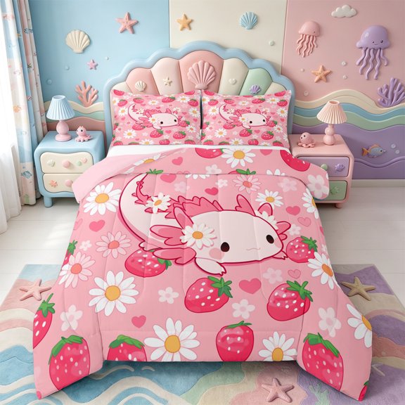 Manfei Pink Axolotl Full Size Comforter Sets,Watercolor Animals Pattern Bedding Comforter Set,Pink Reversible,3pcs,1 Comforter and 2 Pillowcases