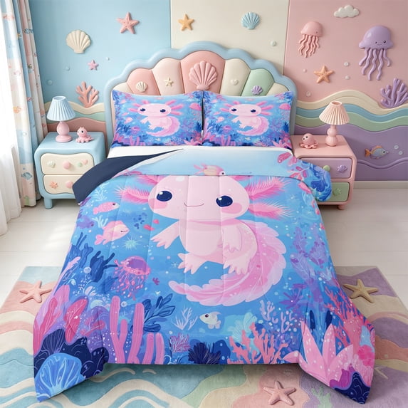 Manfei Pink Axolotl King Size Comforter Sets,Ocean Aniaml Salamander Comforters King Size,Navy Blue Reversible,3 Pieces,1 Comforter and 2 Pillowcases
