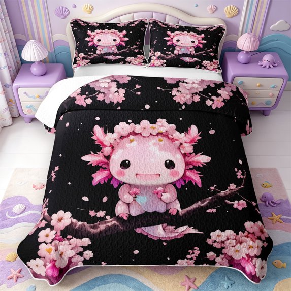 Manfei Pink Axolotl Quilt King,Cute Animals Print King Coverlet Set,3-Piece,1 Bedspread and 2 Pillowcases